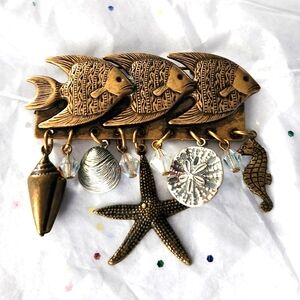 Vtg 1995 Susan L Richardson Angel Fish Bar Sea Creatures Dangle Brooch Pin